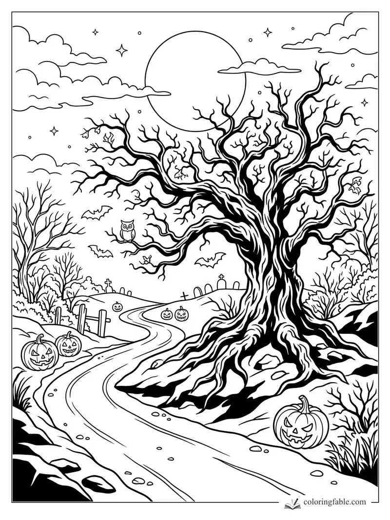 Halloween coloring page with twisted bare tree, full moon, bats, owl, pumpkins, and winding cemetery road