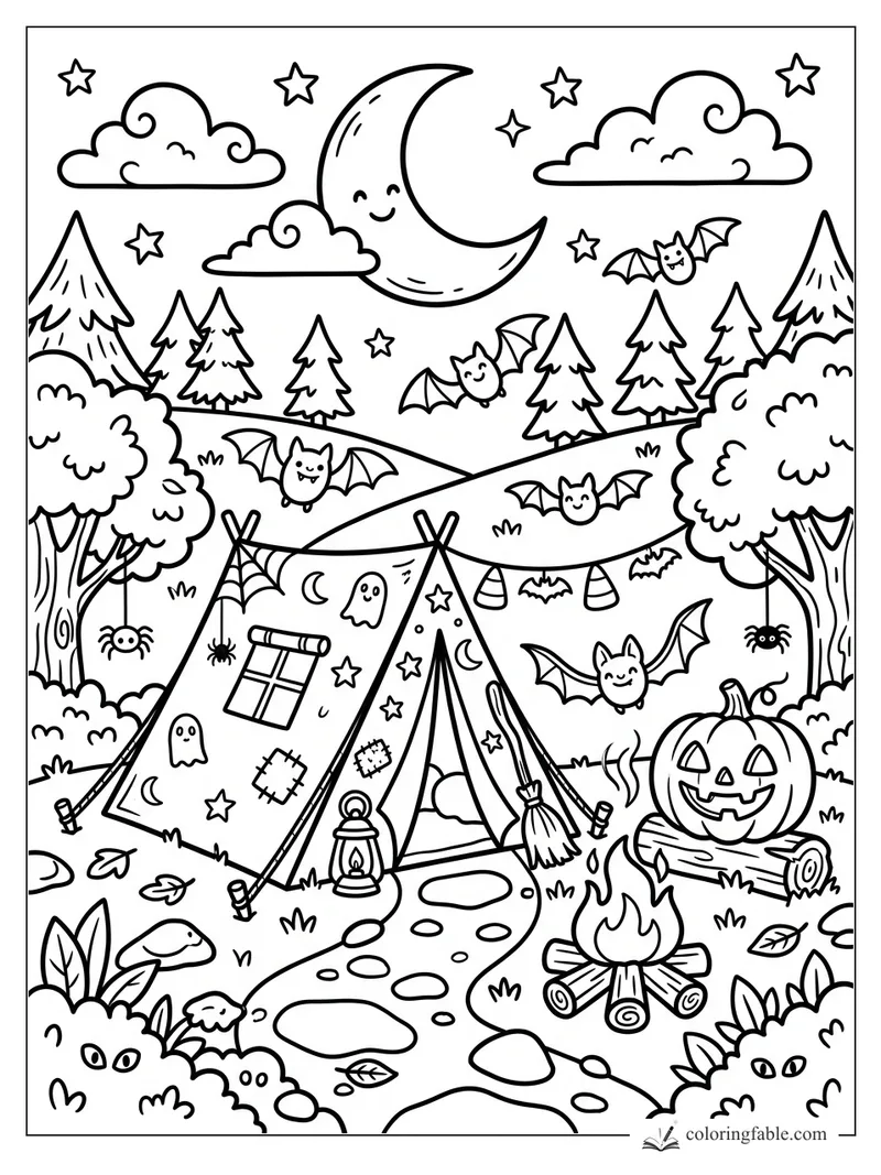 Cartoon Halloween campsite with a tent, crescent moon, bats, jack-o'-lantern, campfire, spiders, and stars.