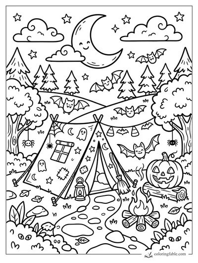 Cartoon Halloween campsite with a tent, crescent moon, bats, jack-o'-lantern, campfire, spiders, and stars.