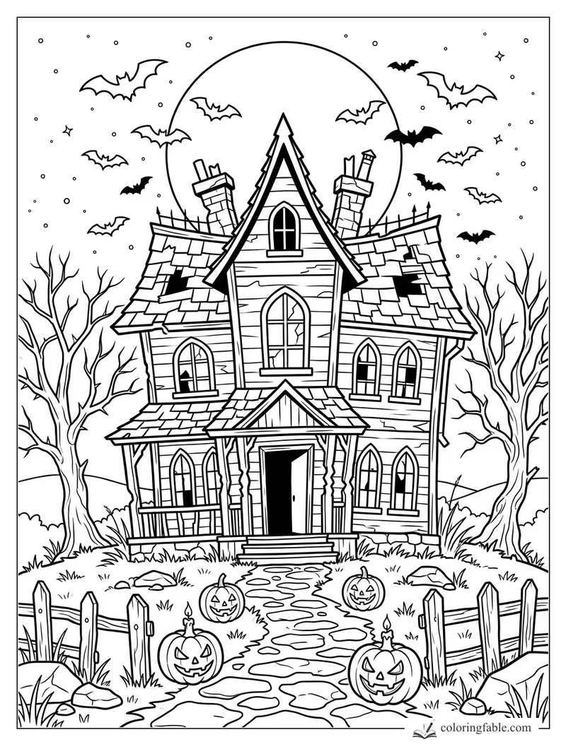 Haunted house with crooked chimneys, bats, bare trees, pumpkins, fence, and a full moon