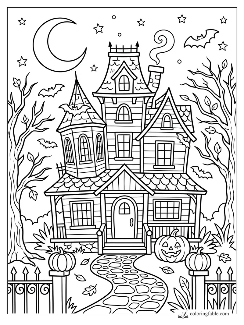 Cartoon haunted house with crescent moon, bats, pumpkins, bare trees, and winding stone path.