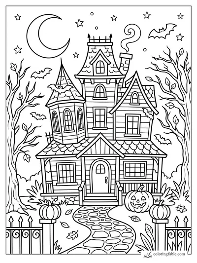 Cartoon haunted house with crescent moon, bats, pumpkins, bare trees, and winding stone path.