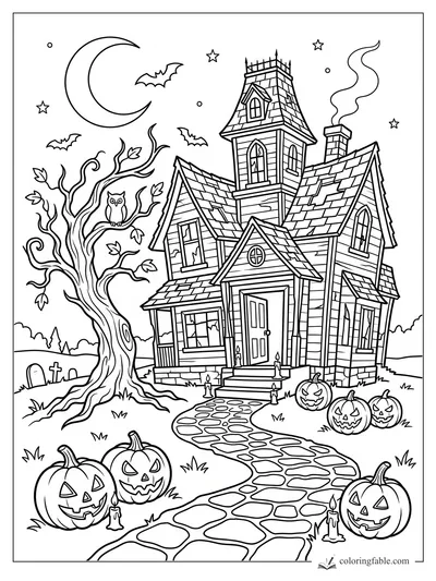 Haunted house coloring page with crescent moon, owl tree, bats, pumpkins, candles, and winding stone path.