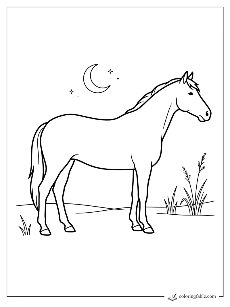 Minimalist horse coloring page with crescent moon, stars, grass tufts, and reeds at night