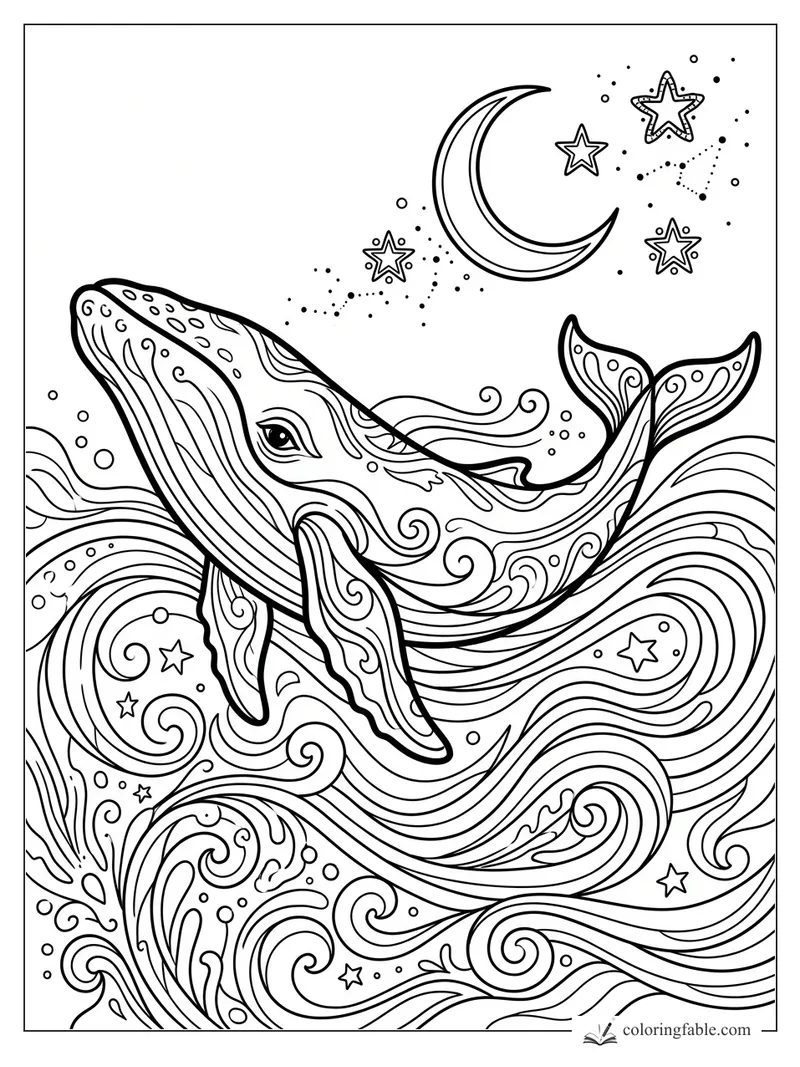 Aesthetic humpback whale coloring page with crescent moon, stars, bubbles, and swirling ocean waves.