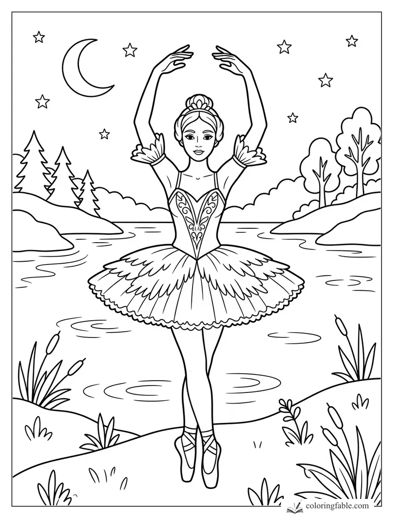 Ballerina in a feathered tutu dances on pointe by a moonlit lake with stars, trees, reeds, and ripples.