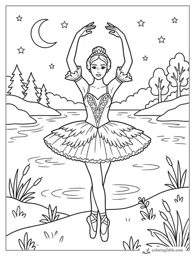 Ballerina in a feathered tutu dances on pointe by a moonlit lake with stars, trees, reeds, and ripples.