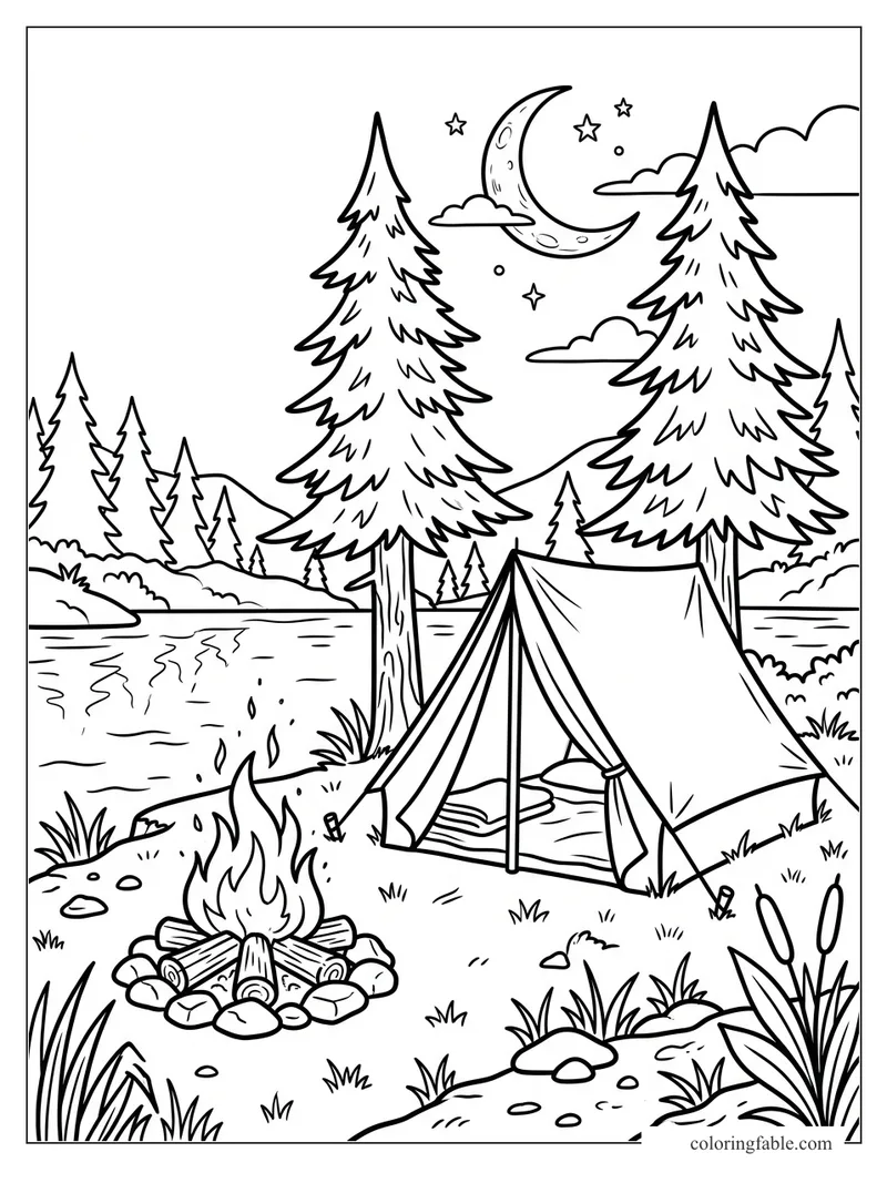 Cartoon campsite coloring page with tent, campfire, pine trees, lake, crescent moon, clouds, and stars.