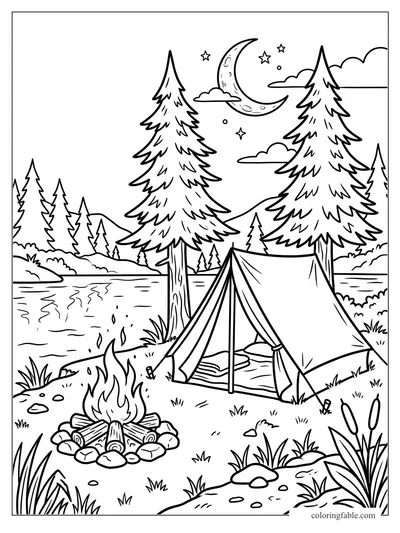 Cartoon campsite coloring page with tent, campfire, pine trees, lake, crescent moon, clouds, and stars.