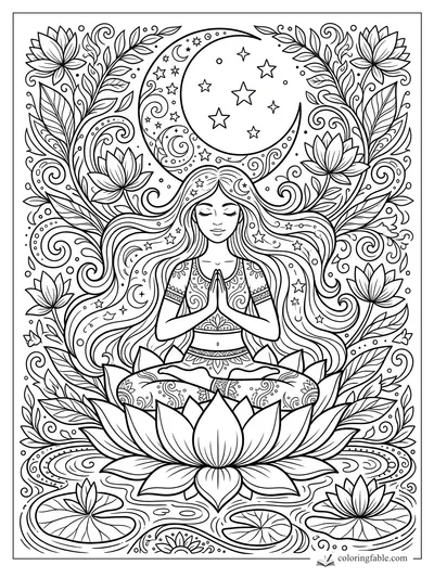 Intricate coloring page of a meditating girl on a lotus with flowing hair, crescent moon, stars, vines, and lily pads