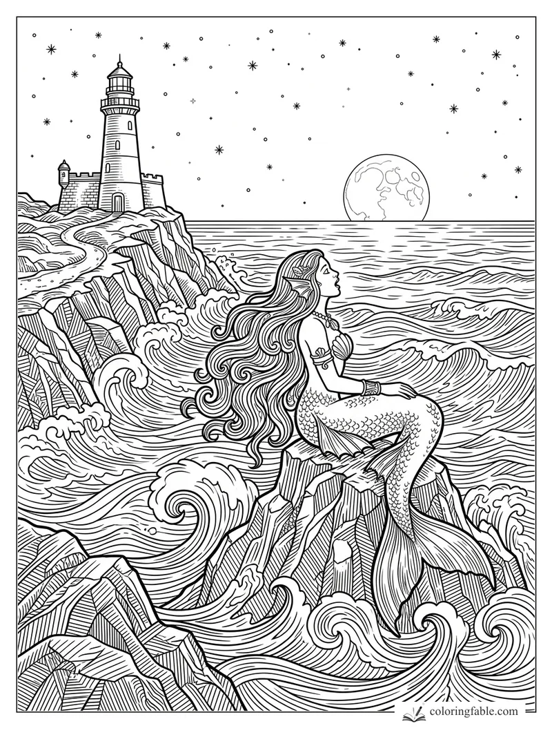 Intricate mermaid on jagged rocks with curling waves, a lighthouse, full moon, and starry sea sky