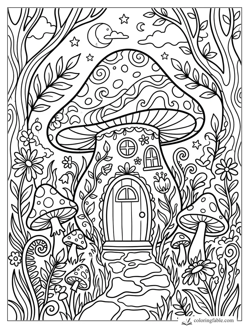 Boho mushroom house with arched door, spotted cap, flowers, vines, stars, clouds, and crescent moon.