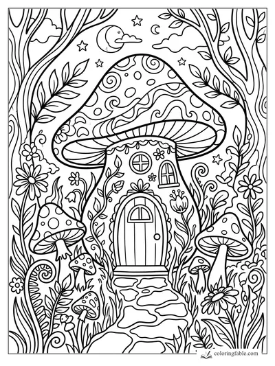 Boho mushroom house with arched door, spotted cap, flowers, vines, stars, clouds, and crescent moon.