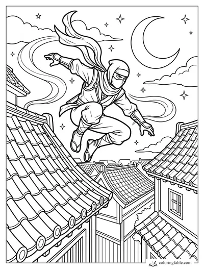 Cartoon ninja leaping between tiled rooftops under a crescent moon and stars