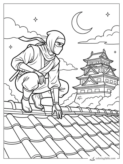 Realistic ninja crouching on roof tiles under a crescent moon with a Japanese castle nearby