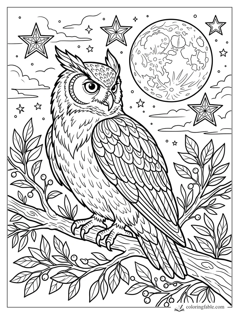 Detailed owl perched on leafy berry branch under full moon, stars, and clouds coloring page