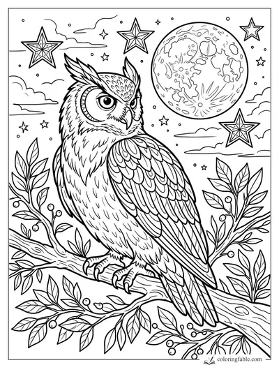 Detailed owl perched on leafy berry branch under full moon, stars, and clouds coloring page