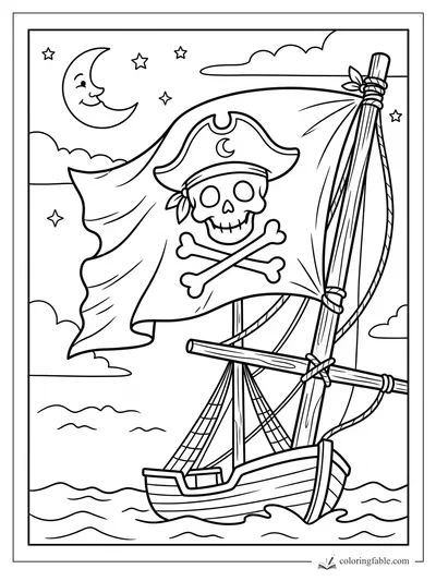 Cartoon pirate ship with skull flag, tall mast, crescent moon, stars, clouds, and rolling waves.