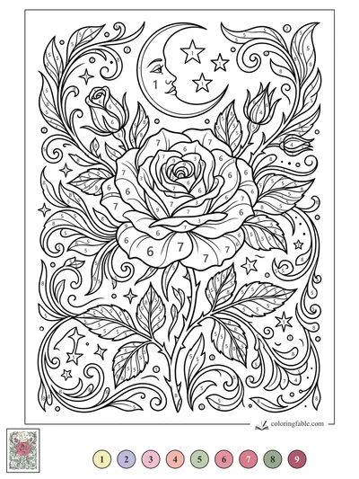 Moonlit Rose with Stars and Swirling Leaves — color by number