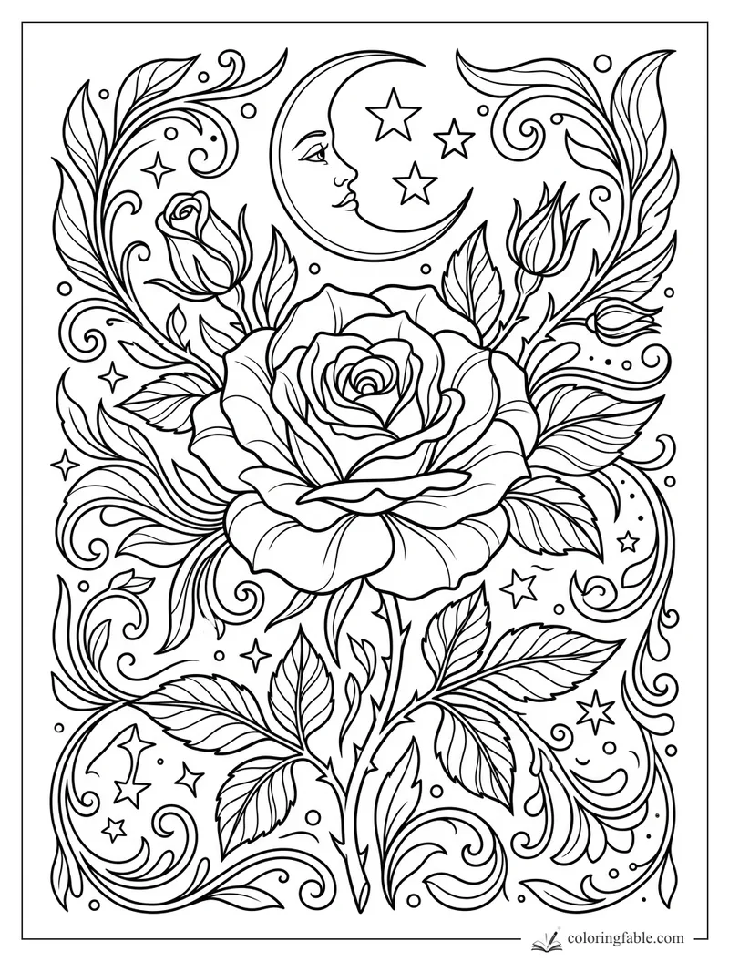 Aesthetic rose coloring page with crescent moon, stars, buds, leaves, and swirling vines