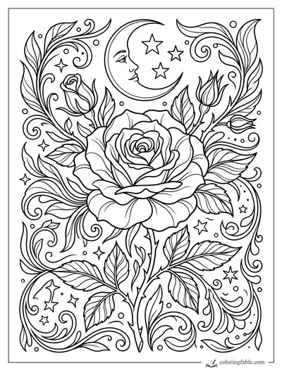Aesthetic rose coloring page with crescent moon, stars, buds, leaves, and swirling vines