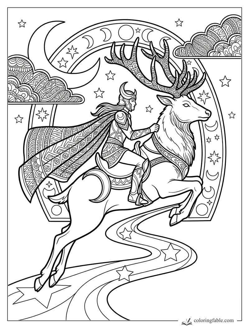 Elf rider on a leaping antlered stag beneath crescent moons, stars, and patterned clouds