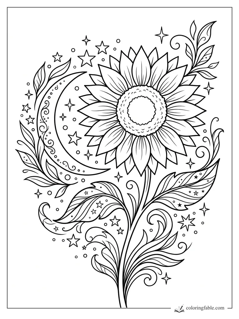 Aesthetic sunflower coloring page with crescent moon, stars, swirling leaves, and patterned petals.