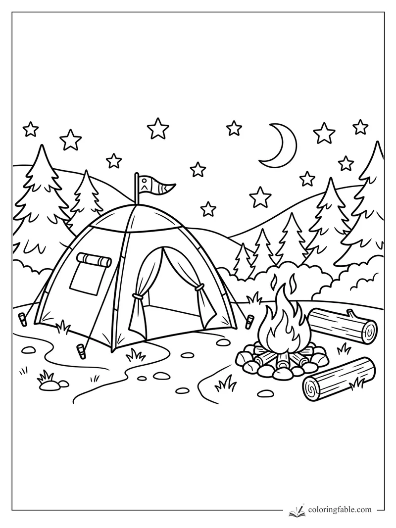 Cartoon summer campsite with tent, campfire, logs, pine trees, crescent moon, and stars