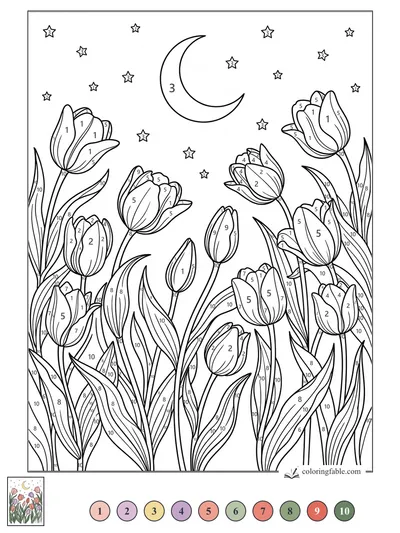 Moonlit Tulips Under Tiny Stars — color by number