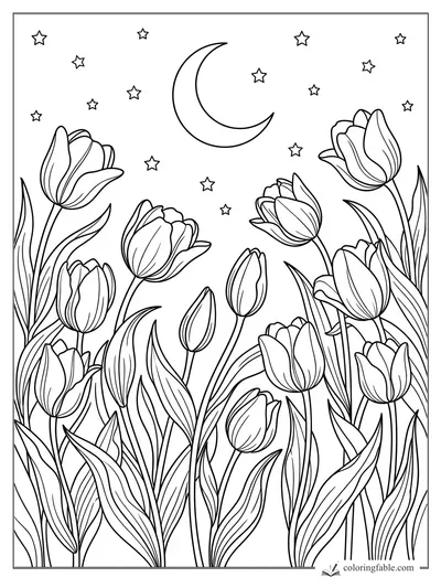 Aesthetic tulip coloring page with tall flowers, leafy stems, crescent moon, and small stars