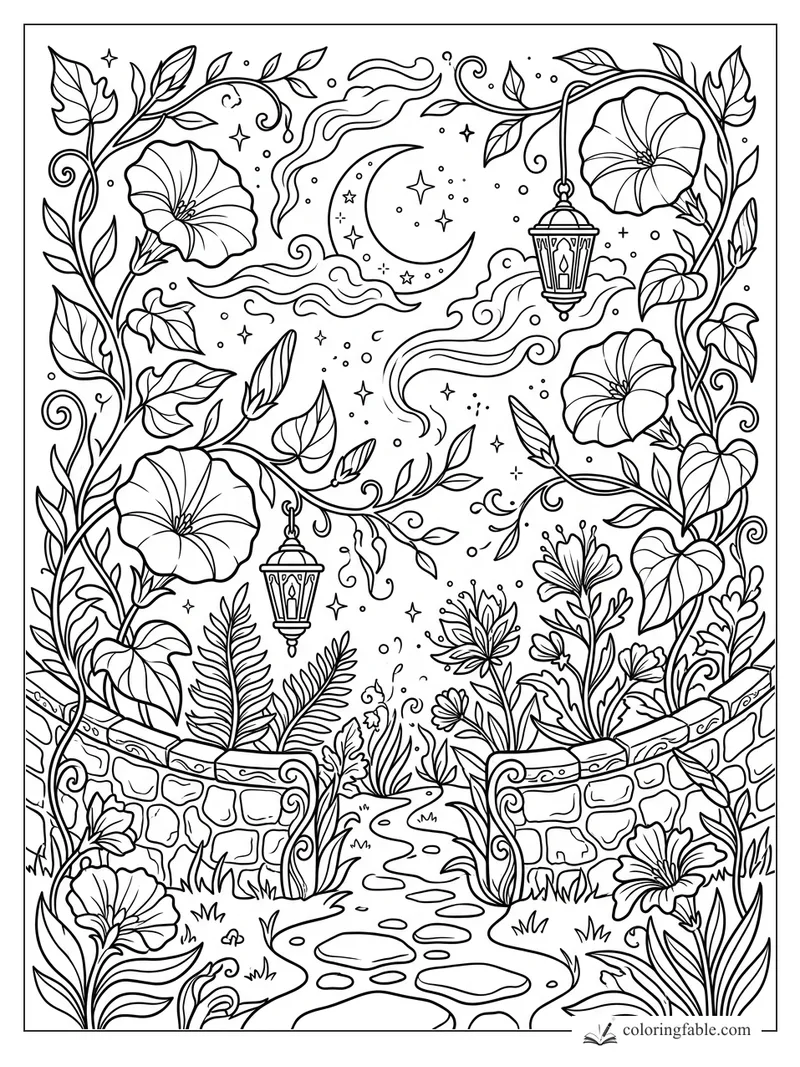 Aesthetic garden coloring page with crescent moon, vine-covered gate, flowers, leaves, and two hanging lanterns.