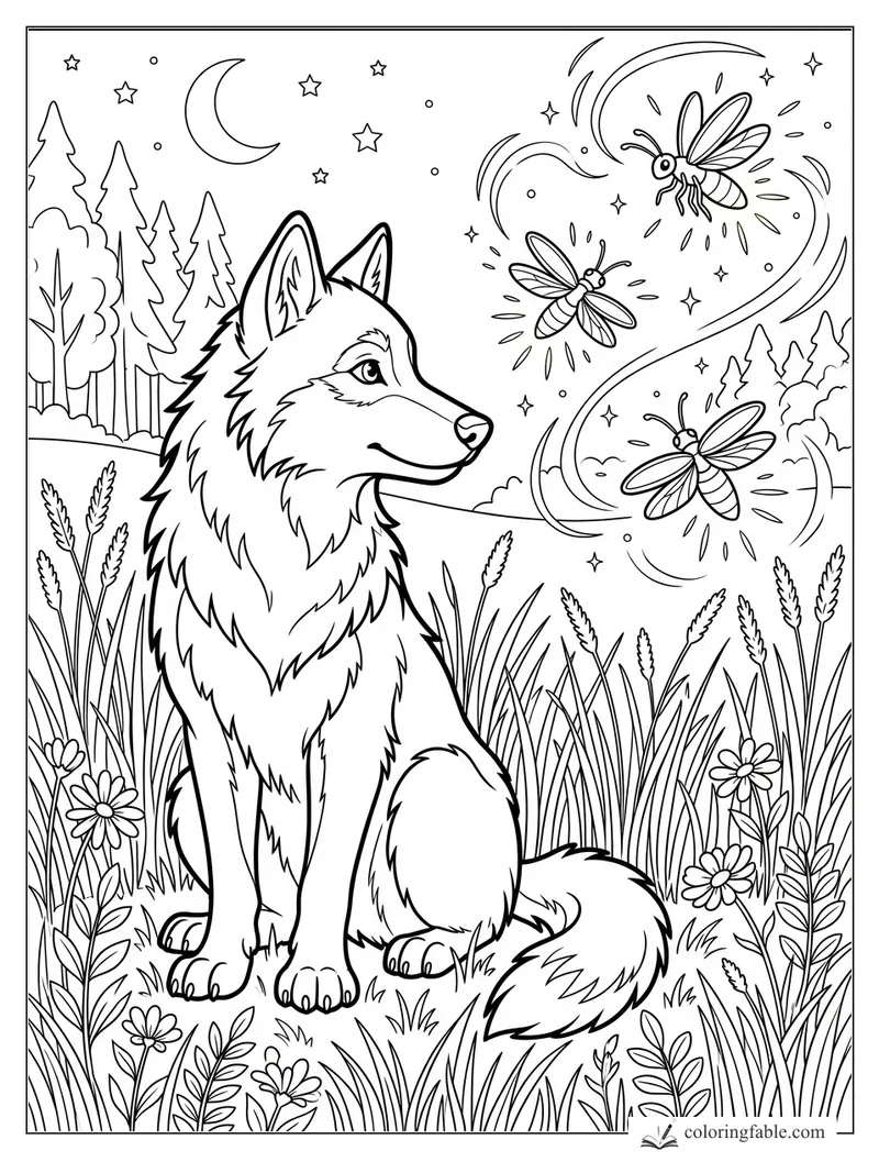 Cartoon wolf sitting in tall meadow grass under a crescent moon with swirling fireflies and pine trees