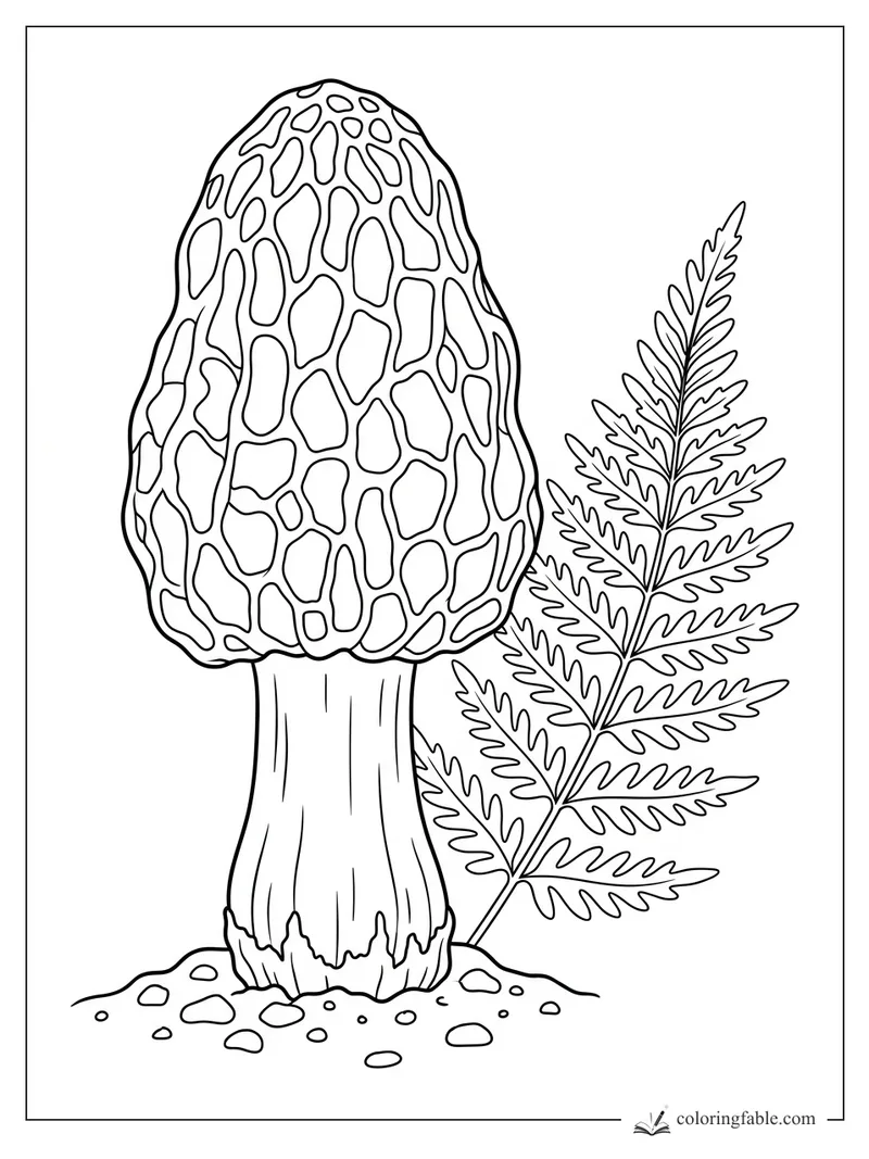 Realistic morel mushroom with honeycomb cap, tall stem, fern frond, and small forest pebbles