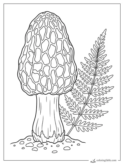 Realistic morel mushroom with honeycomb cap, tall stem, fern frond, and small forest pebbles