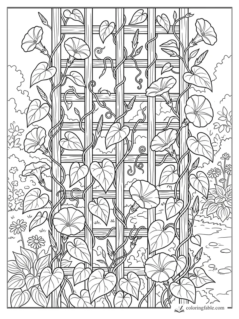 Morning glory vines with trumpet flowers and heart-shaped leaves climbing a wooden garden trellis.