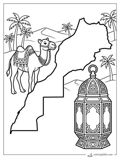 Morocco outline with a saddled camel, palm trees, dunes, and a patterned lantern coloring page