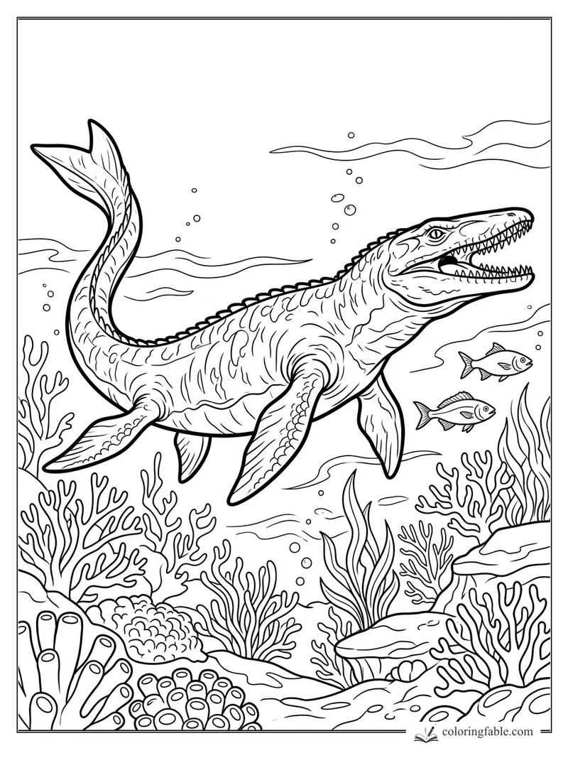 Realistic Mosasaurus swimming past coral, bubbles, and two fish with its toothy jaws open