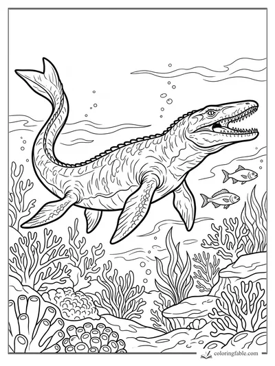 Realistic Mosasaurus swimming past coral, bubbles, and two fish with its toothy jaws open