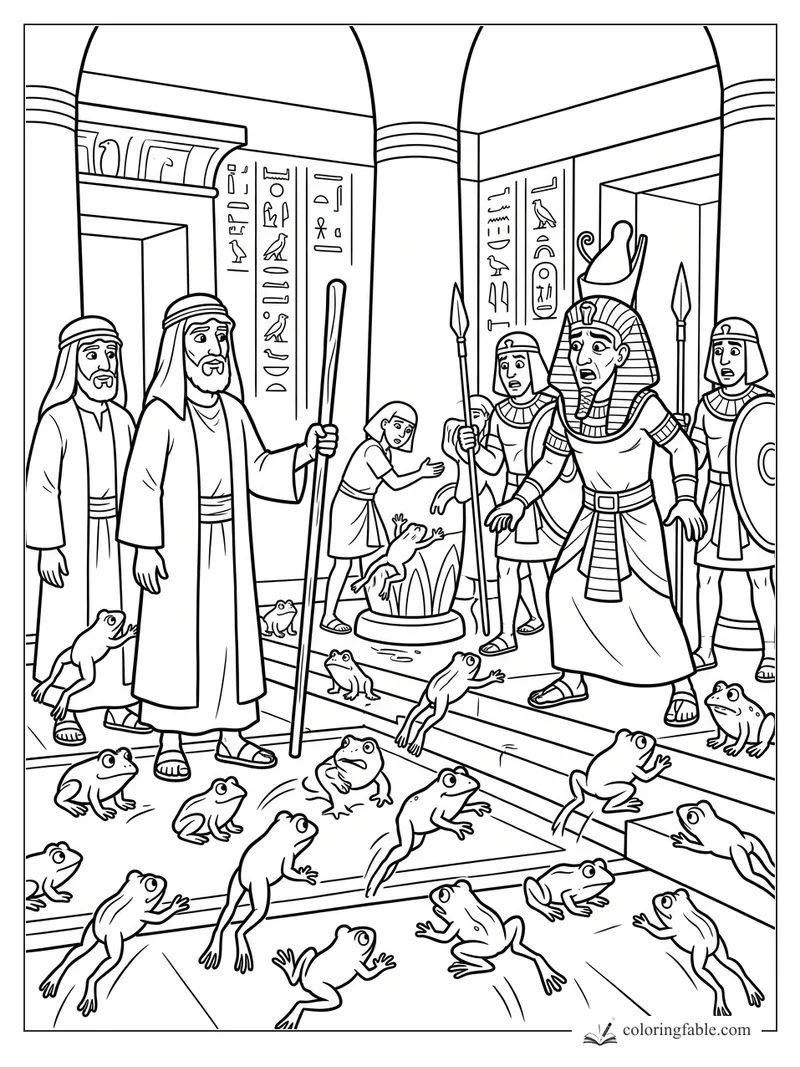 Moses, Aaron, Pharaoh, guards, and leaping frogs inside an Egyptian palace with hieroglyphs.