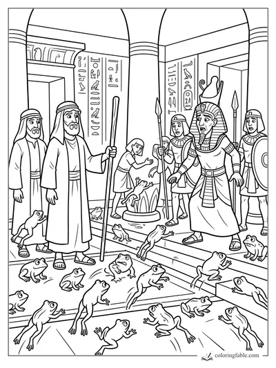 Moses, Aaron, Pharaoh, guards, and leaping frogs inside an Egyptian palace with hieroglyphs.