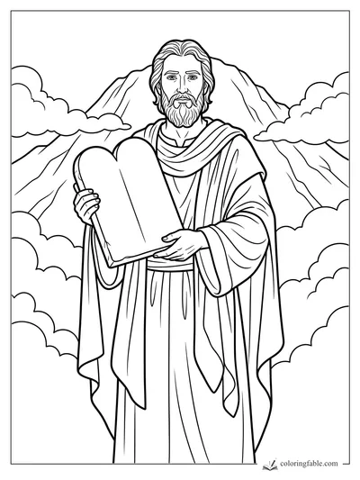 Moses holds the Ten Commandments tablets before a mountain and clouds in a Bible coloring page.