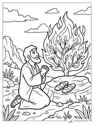Moses kneels barefoot before the burning bush, with sandals on a rock in the desert mountains.