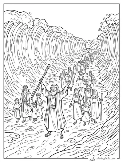 Moses raises his staff as Israelites walk between towering parted sea waves.