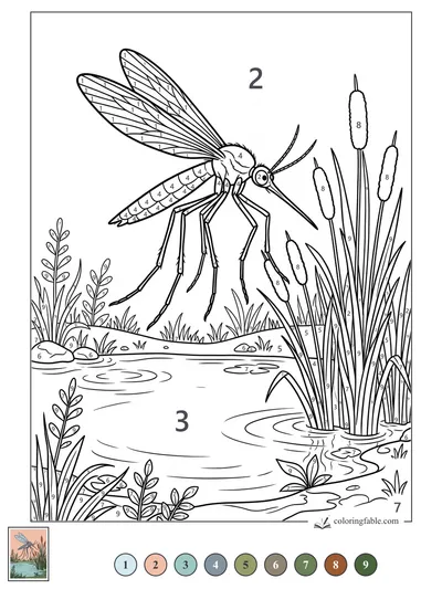 Mosquito Hovering Beside Pond Cattails — color by number