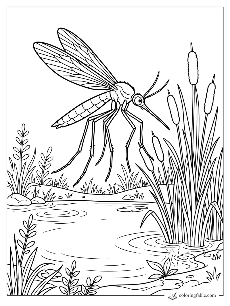Mosquito with veined wings hovering over a pond beside tall cattails and reeds