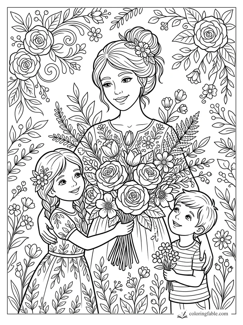 Mother smiling with two children holding bouquets, surrounded by roses, leaves, and floral swirls
