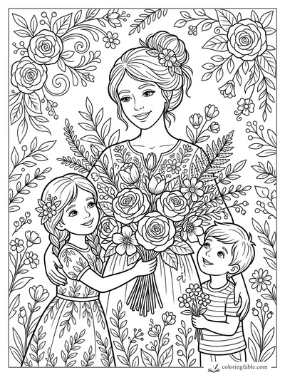 Mother smiling with two children holding bouquets, surrounded by roses, leaves, and floral swirls