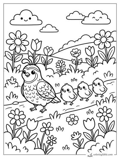 Kawaii mother bird with three chicks walking past daisies, tulips, hills, and smiling clouds