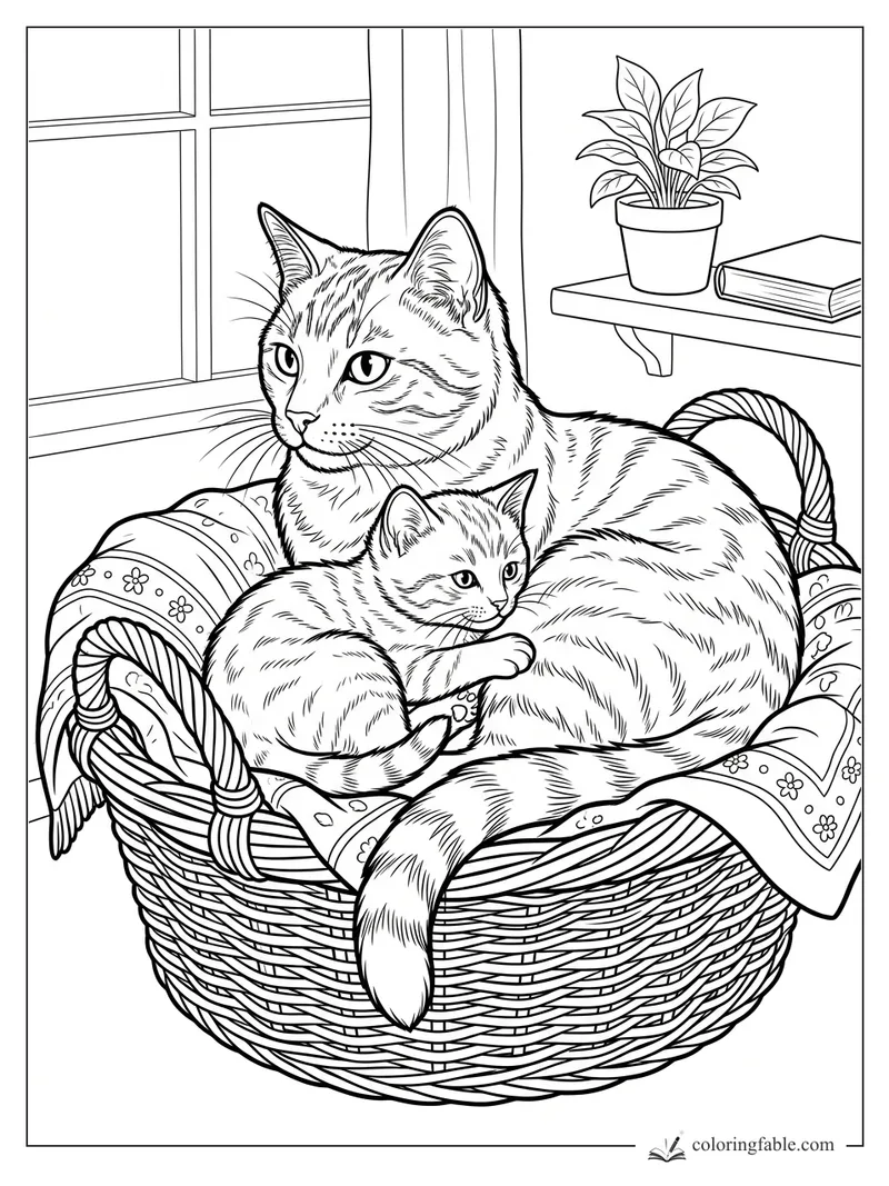 Realistic mother cat and kitten cuddling in a wicker basket by a window, shelf, plant, and book.