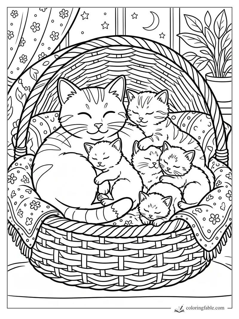 Mother cat cuddling five sleeping kittens in a wicker basket by a moonlit window and potted plant